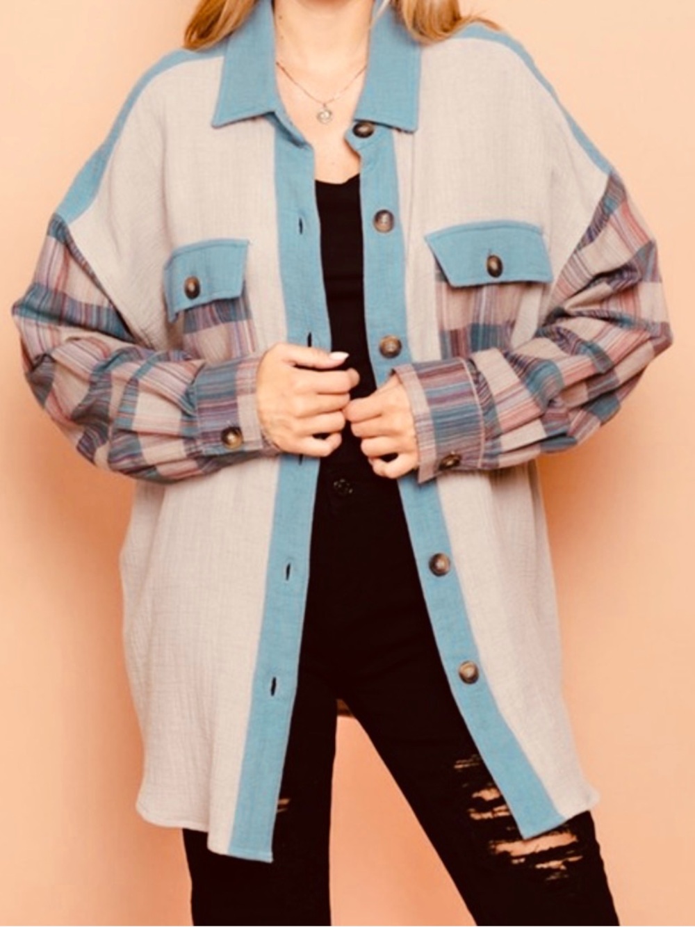 Oversized Plaid Shacket Shirt Jacket Cotton Color Block Blue Gray NWT